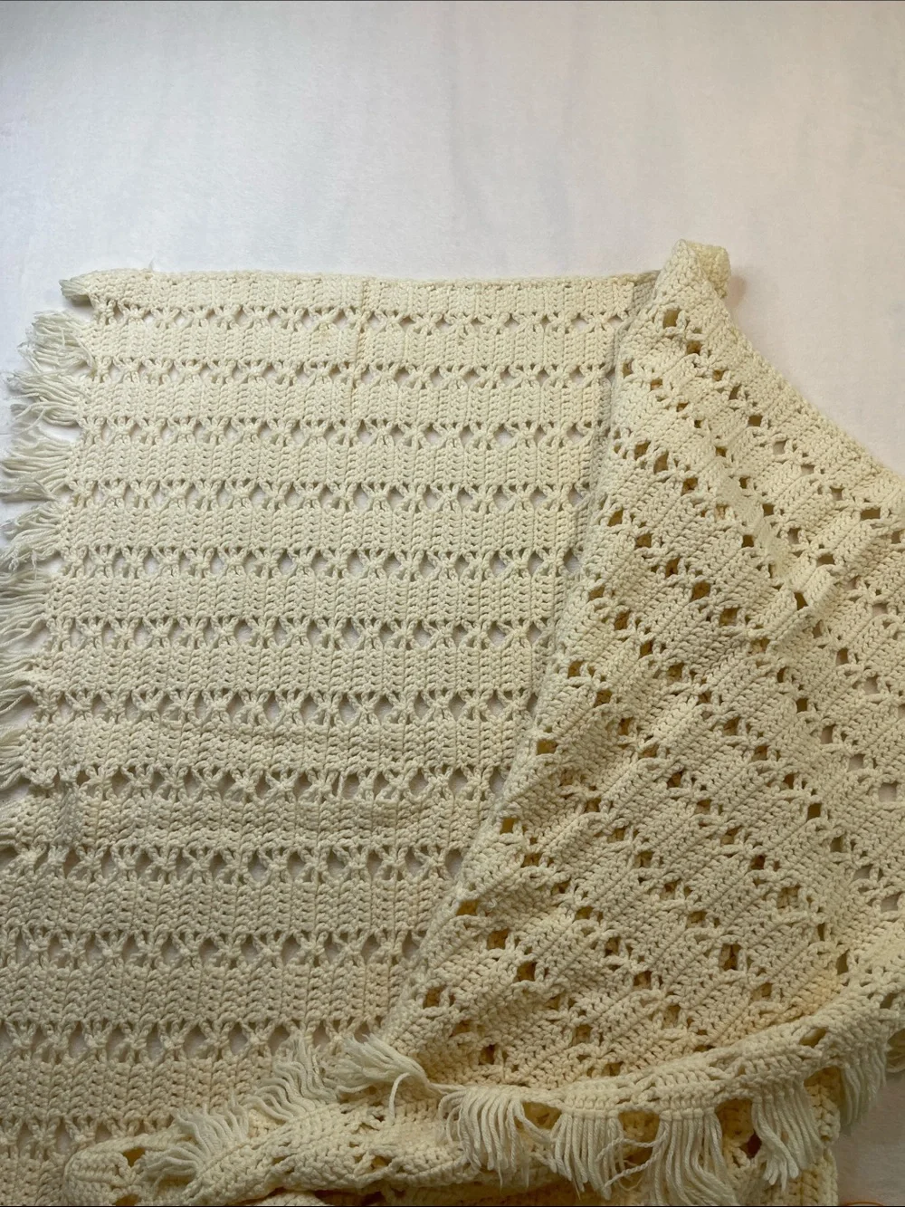 Handmade Cream Crochet Throw Blanket with Fringe 40 X 58 inches